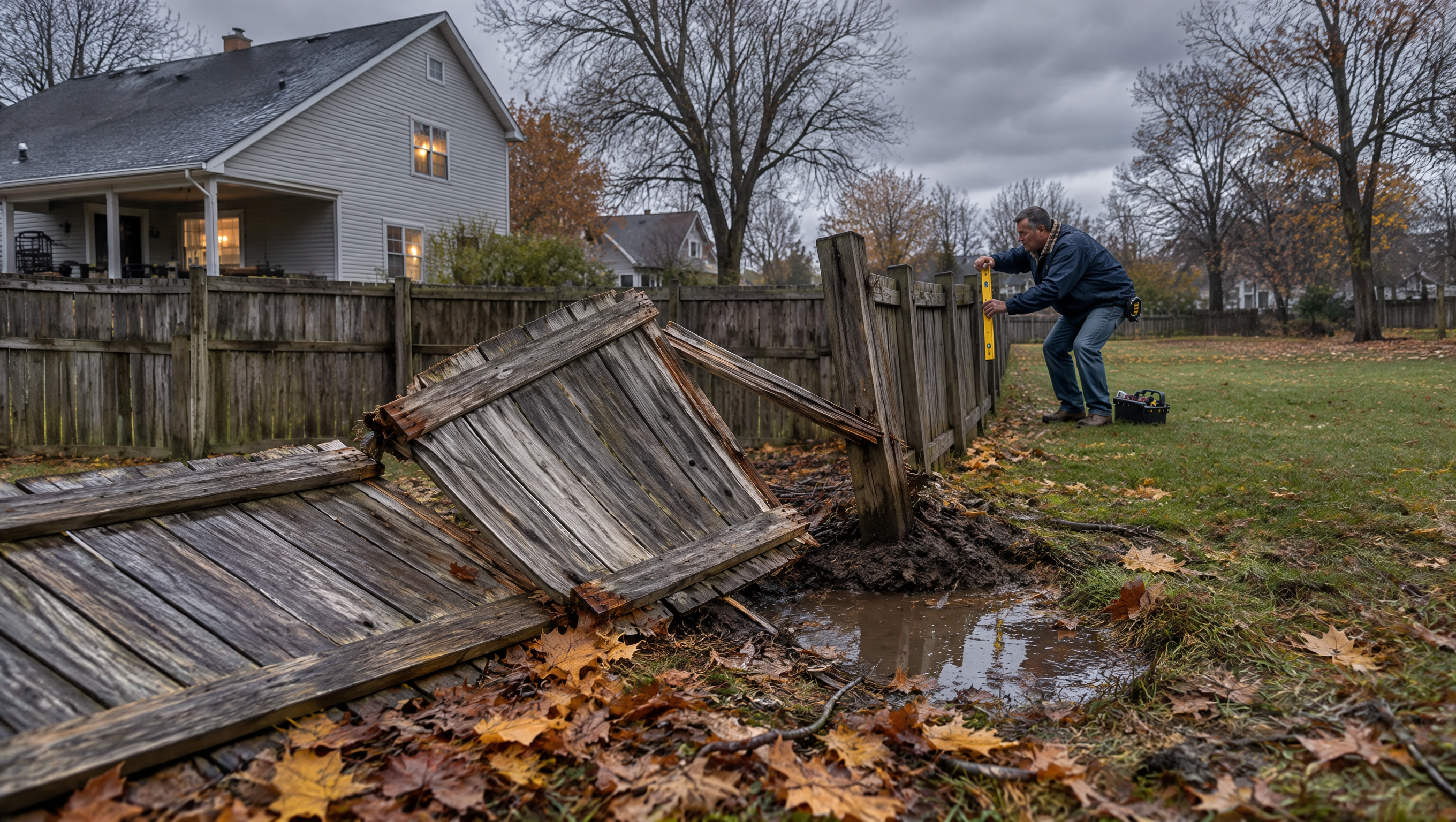 Fence contractor inspecting storm-damaged fencing at a home in Rockford, IL, checking leaning posts, broken boards, loose panels, and gate alignment.