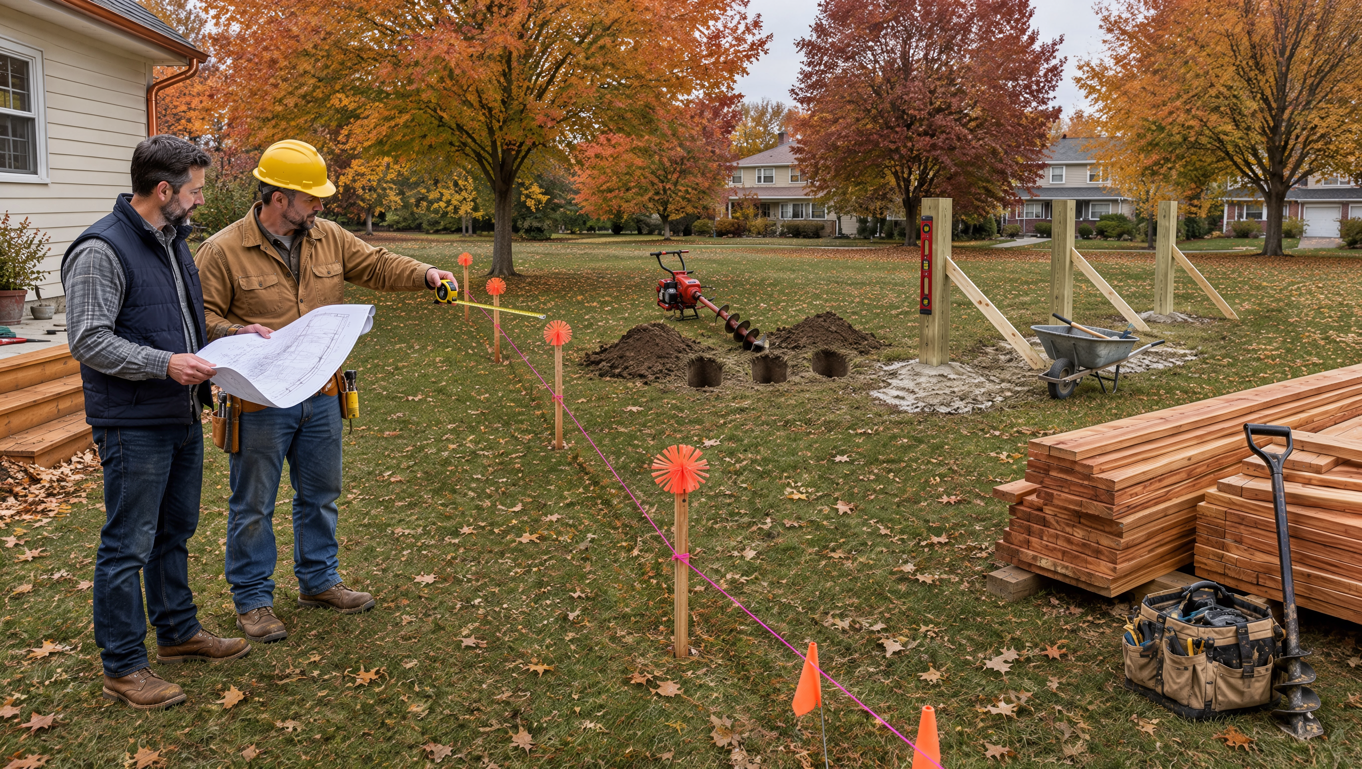 Fence contractor measuring a residential property in Rockford, IL, reviewing the installation layout and project schedule with a homeowner during fall planning.