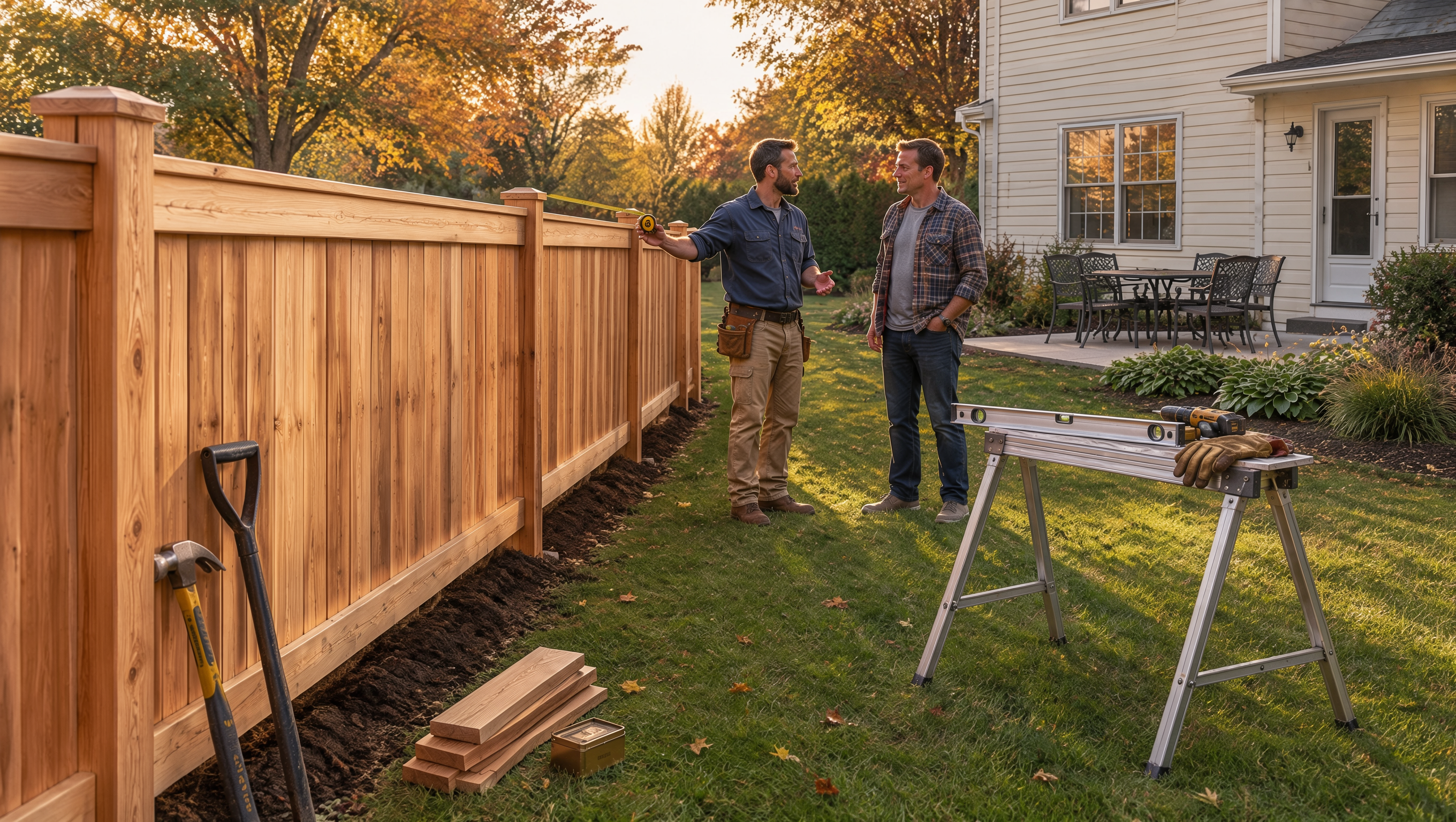 Homeowner in Roscoe, IL, discussing privacy fence materials, property boundaries, gate placement, and installation details with a fencing contractor.