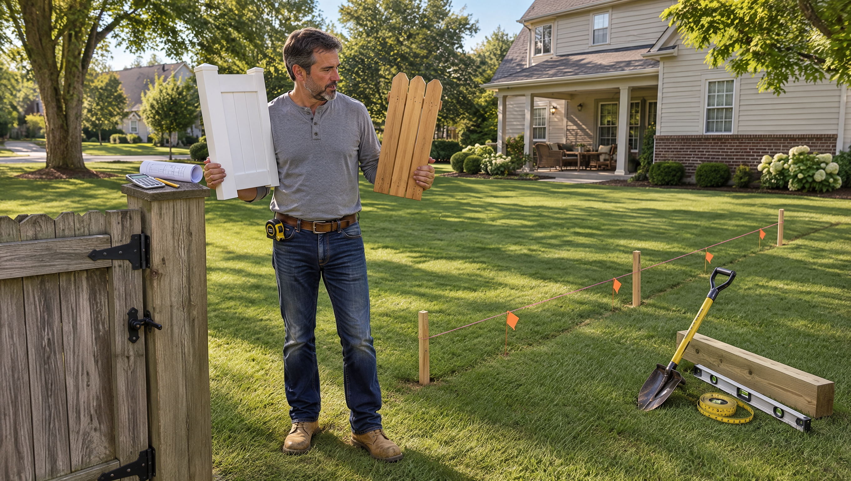 Homeowner and fencing contractor in Roscoe, IL, reviewing fence materials, gate placement, yard measurements, and layout options while planning installation costs.