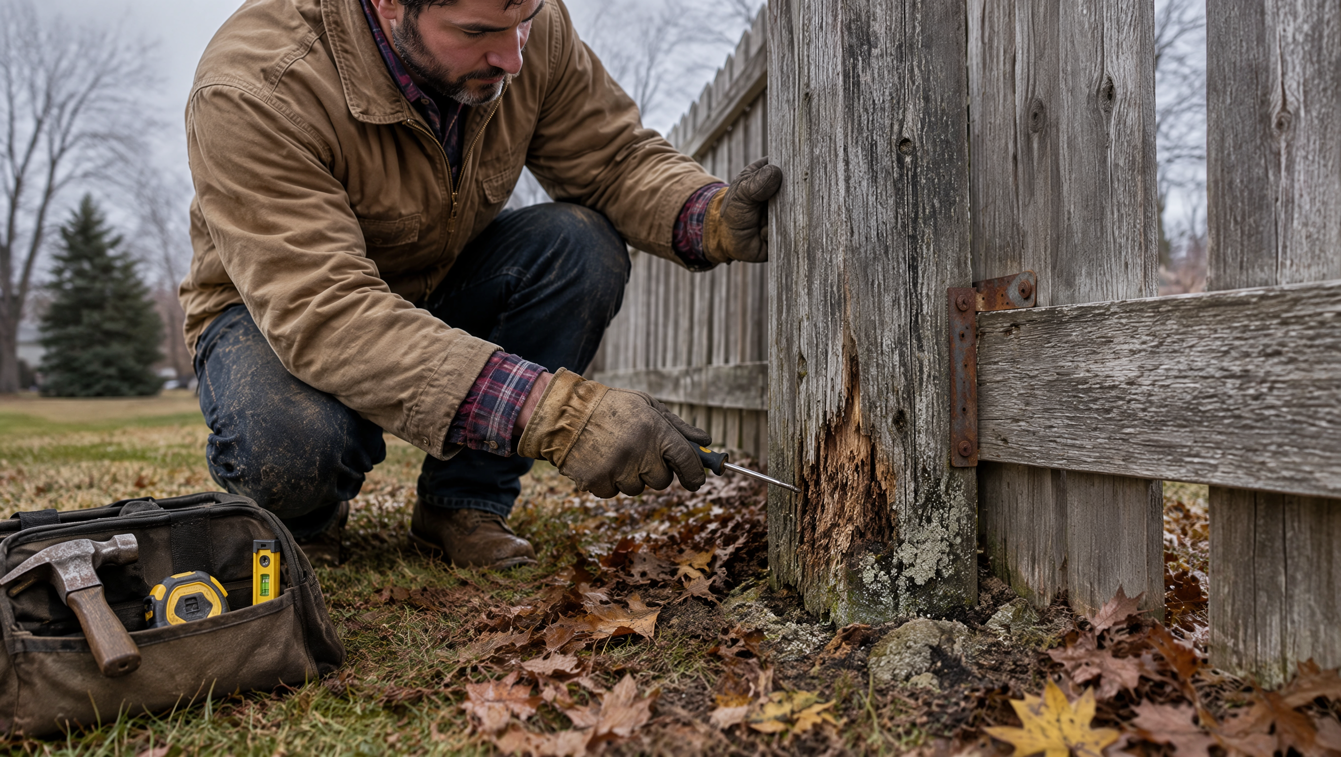 Fence contractor checking post stability and ground support along a residential fence in Roscoe, IL, identifying leaning posts and loose connections before winter.
