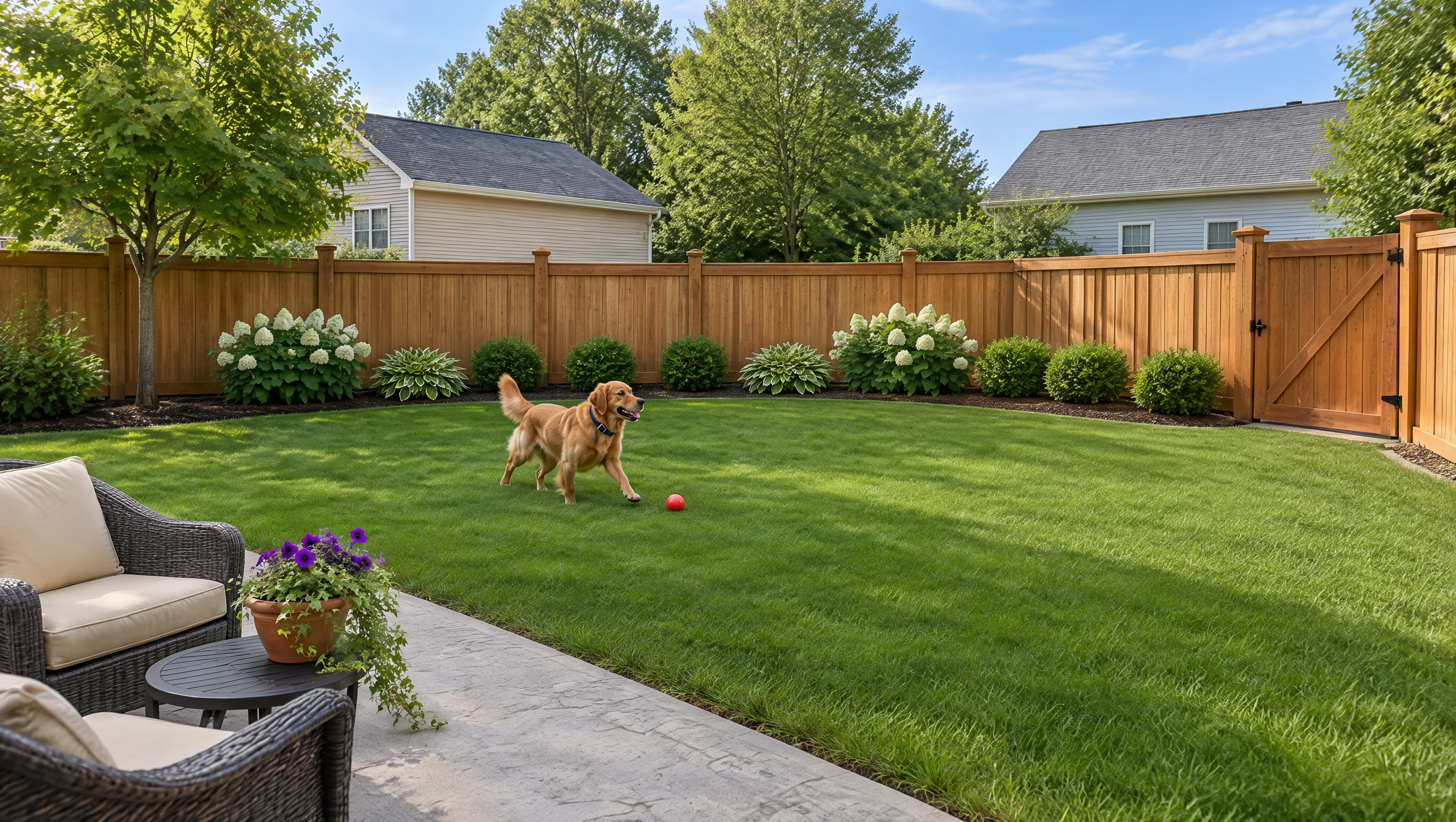 Secure backyard in Loves Park, IL, featuring sturdy fencing with suitable spacing and minimal ground gaps to help keep dogs safely contained while balancing privacy and visibility.