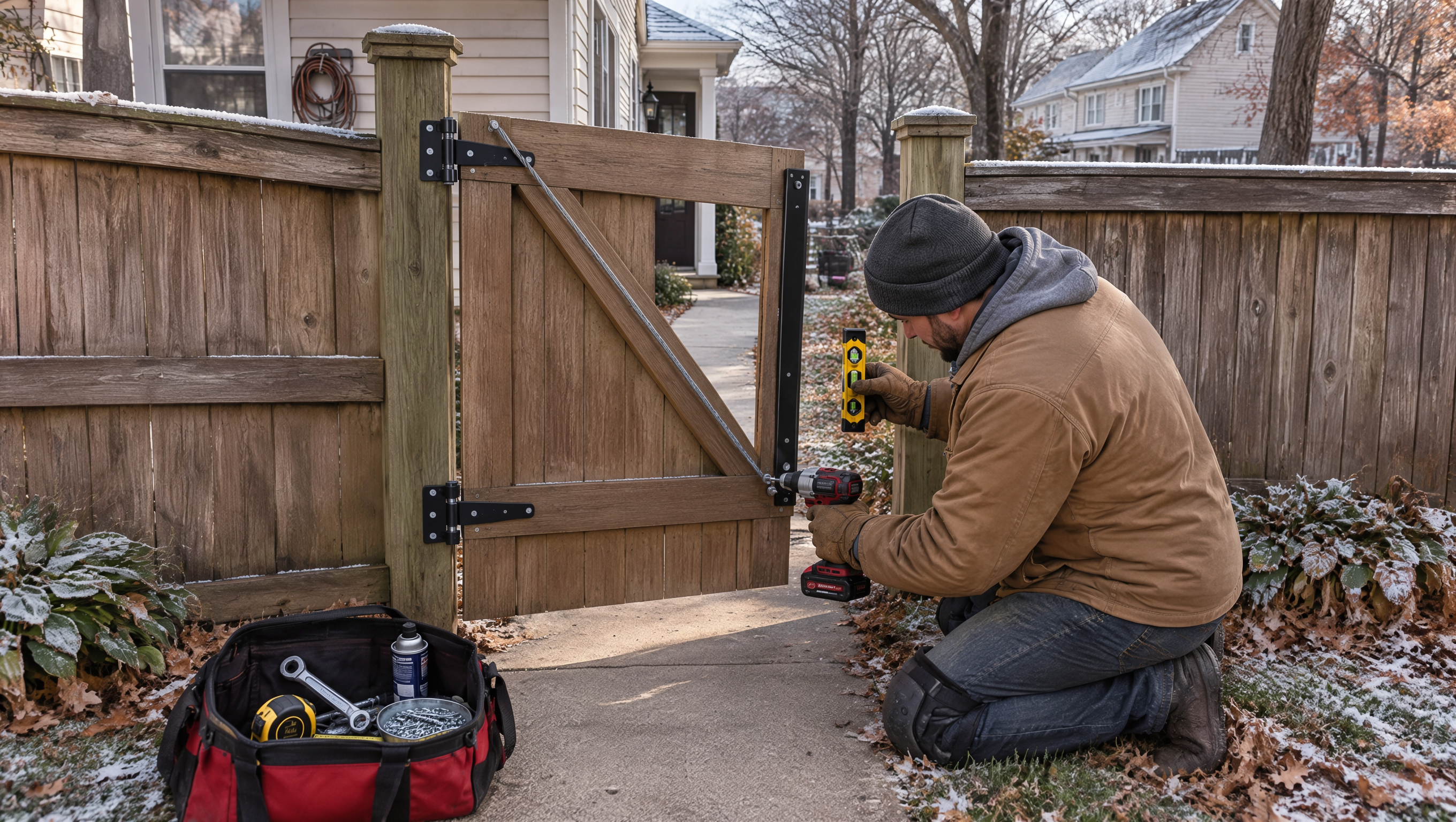 Fence contractor repairing a residential gate in Loves Park, IL, adjusting hinges, securing loose hardware, and correcting alignment before winter snow arrives.