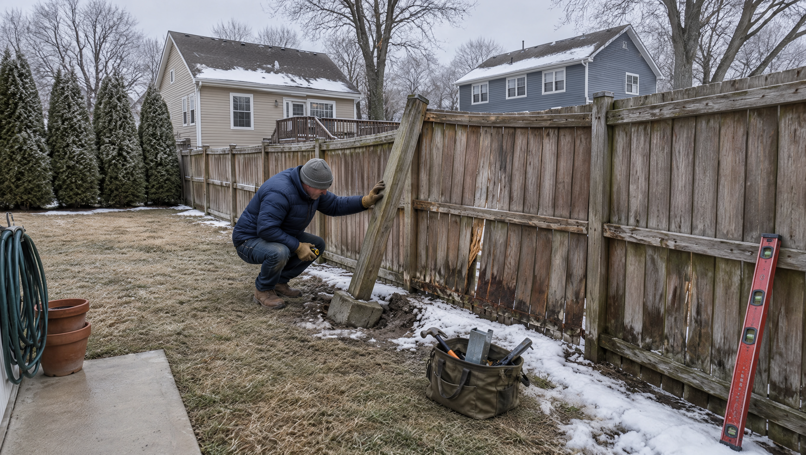 Fence contractor repairing loose boards and leaning posts at a home in Huntley, IL, addressing existing damage before winter weather causes further deterioration.