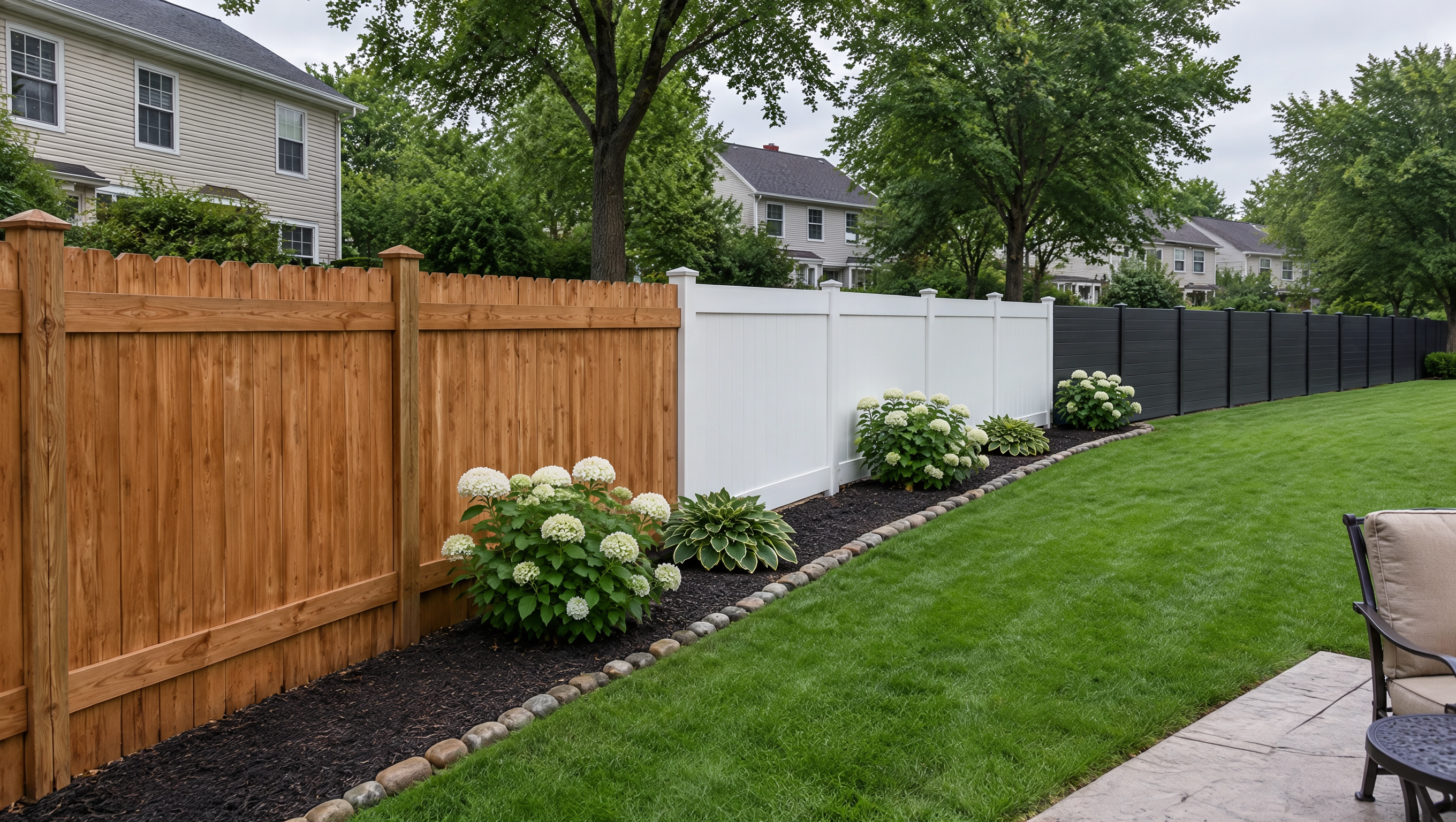 Residential backyard in Huntley, IL, showcasing wood and vinyl privacy fence options that provide outdoor screening, security, and attractive yard boundaries.