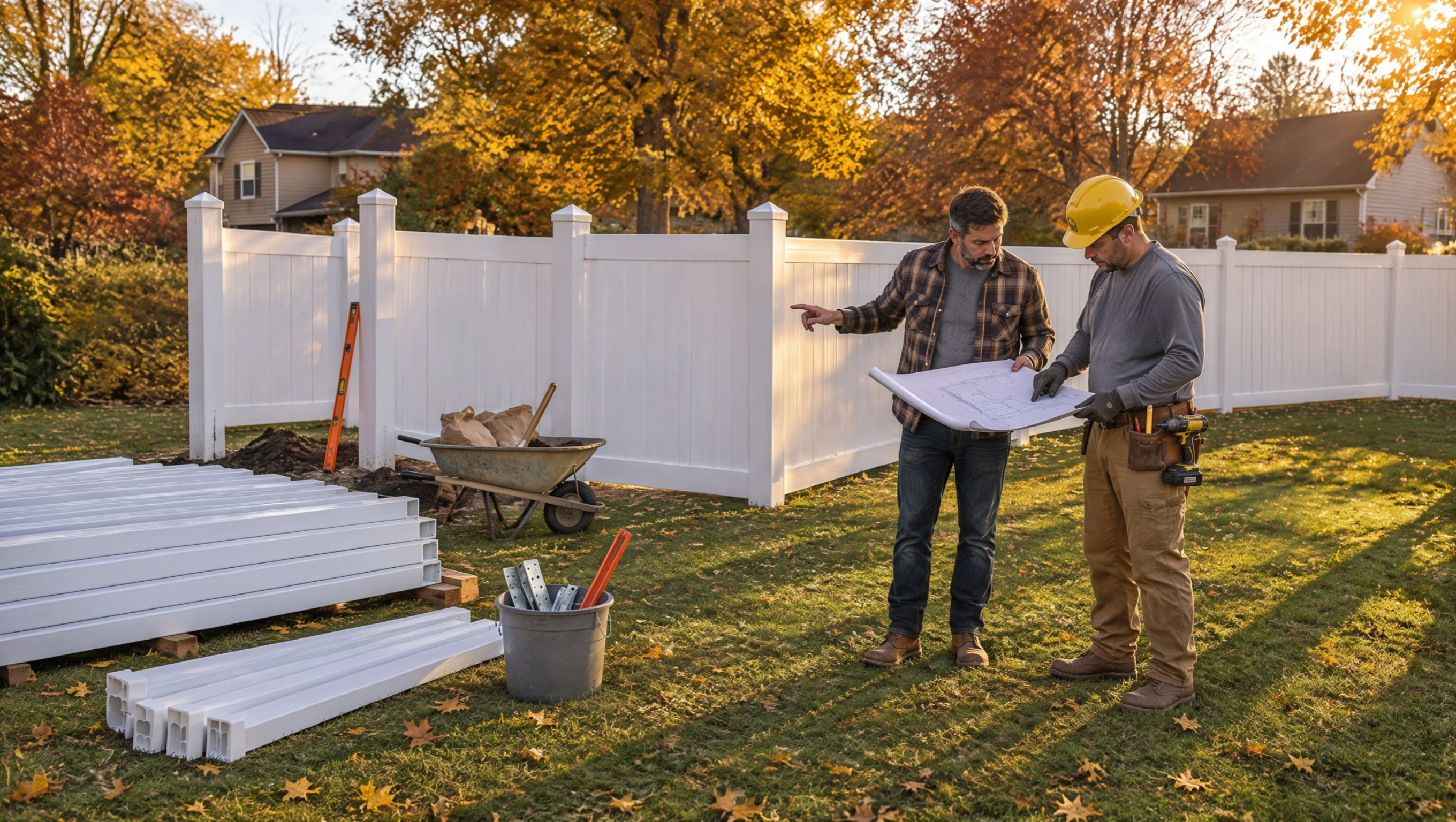 Homeowner in Huntley, IL, comparing vinyl fence styles, panel options, and installation estimates with a contractor while planning a fall 2026 project. Homeowner in Huntley, IL, comparing vinyl fence styles, panel options, and installation estimates with a contractor while planning a fall 2026 project.