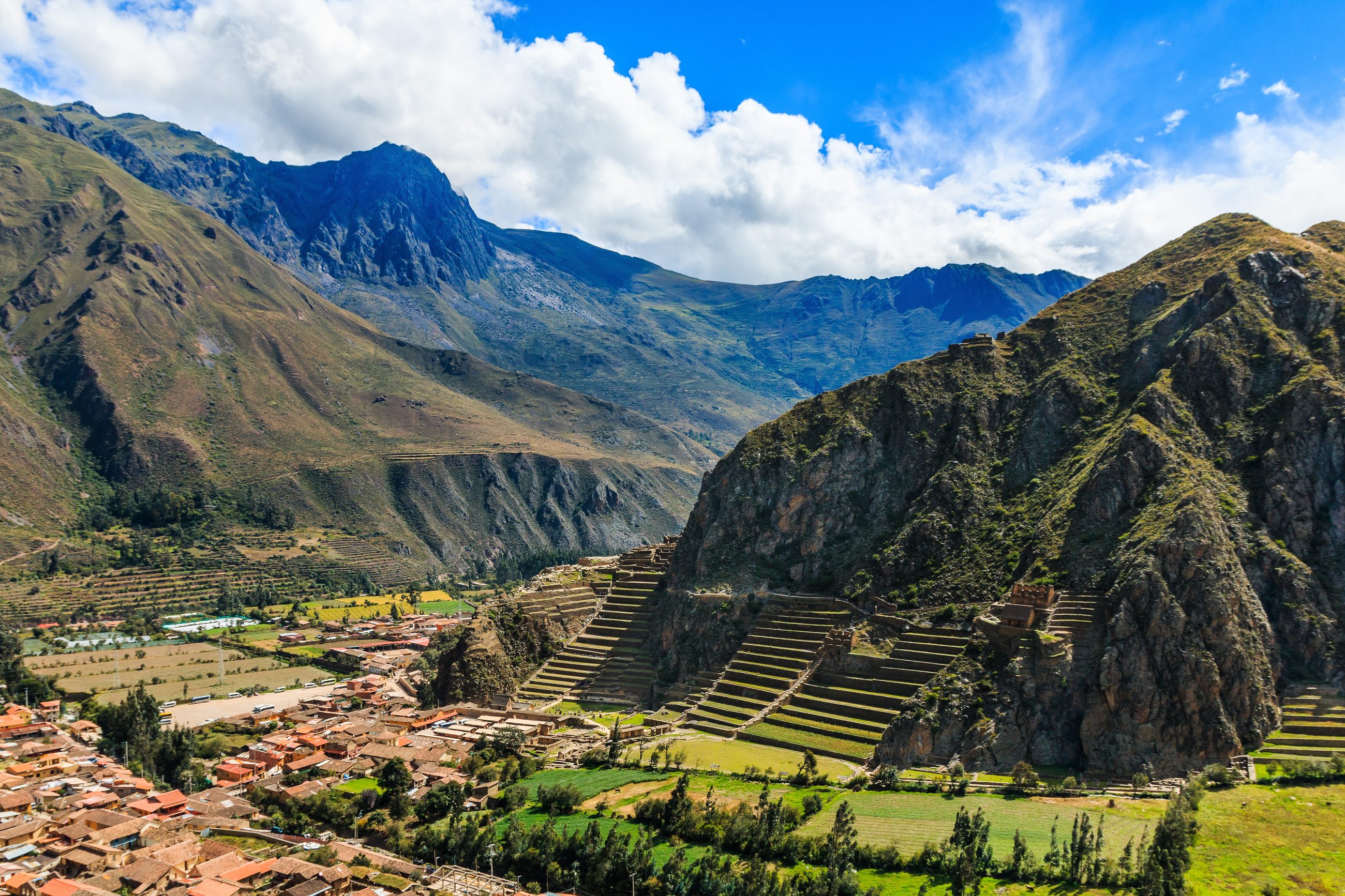 Ollantaytambo town beneath its Inca terraces in the Sacred Valley