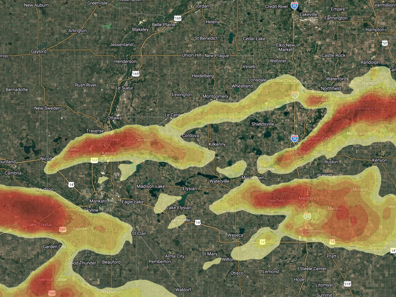 Storm path map showing areas affected by the April 13, 2026 hail storm in southern Minnesota