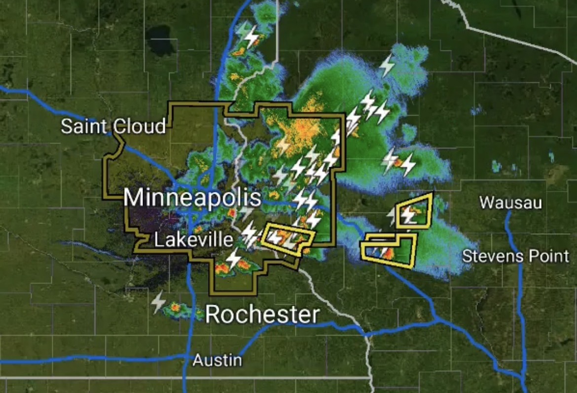 Radar map showing June 19 2026 severe thunderstorm hail swath over Minneapolis metro and St. Anthony Village
