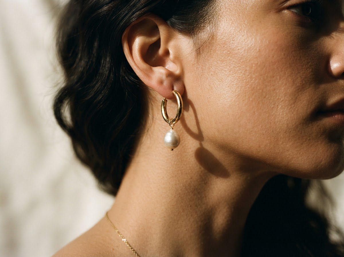 Woman wearing a gold hoop and pearl earring