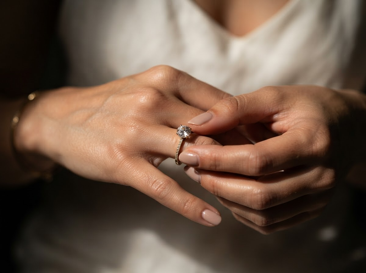 Woman placing a diamond ring on her hand