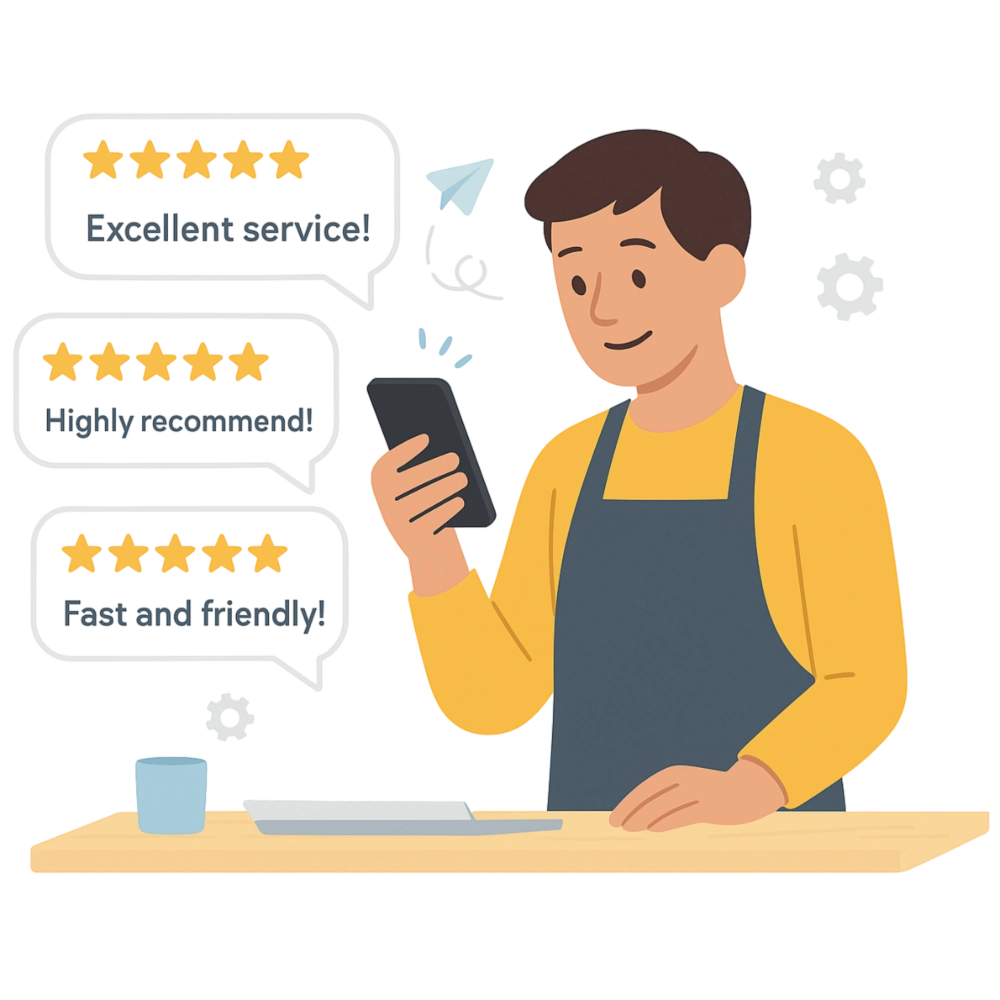 Happy Business Owner Getting 5-Star Reviews Automatically