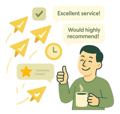 Happy Business Owner Sipping Coffee And Smiling About His 5 Star Reviews