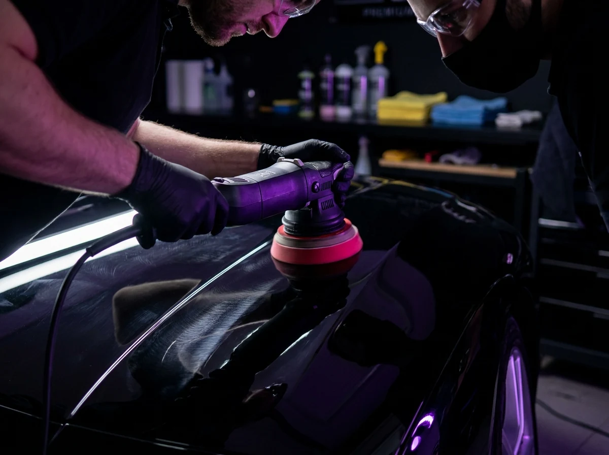 Professional polishing on deep black automotive paint
