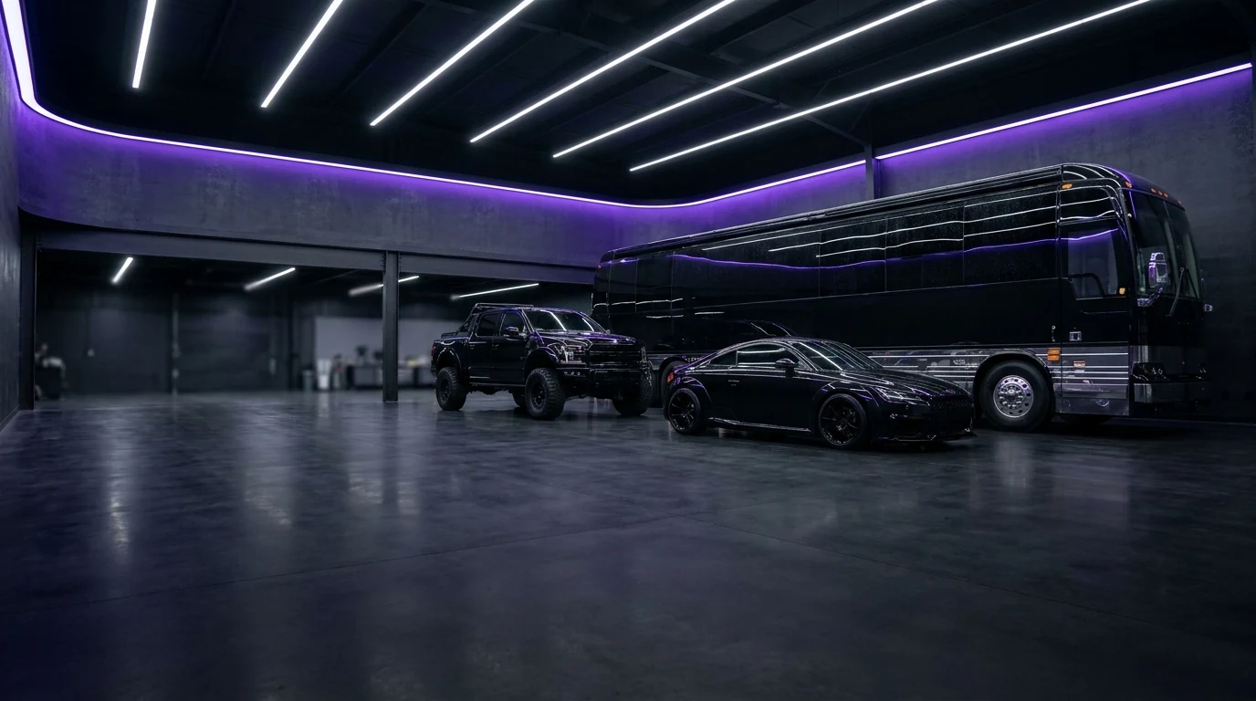 Black RV, performance car, and truck in a violet-lit detailing studio