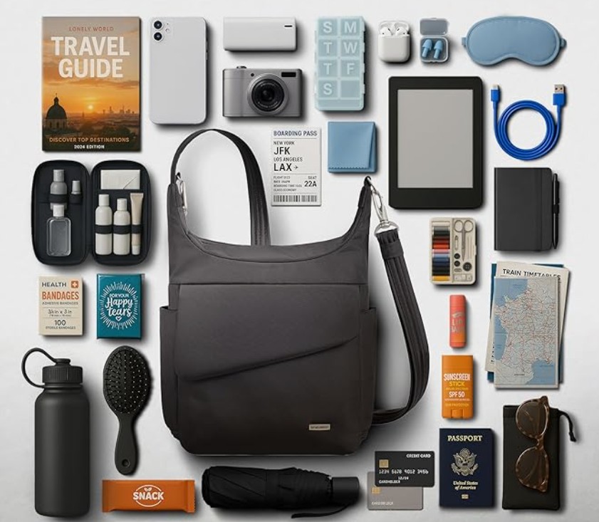 All the things that fit in the crossbody travel bag