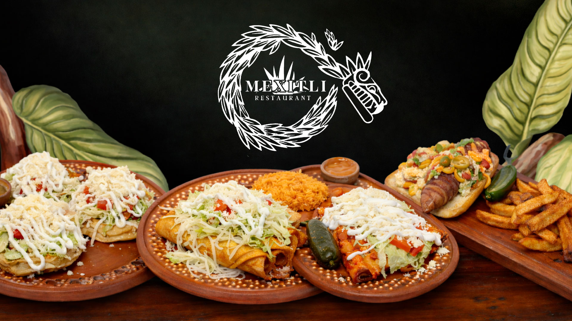 WELCOME BANNER WITH DIFFERENT MEXICAN DISHES FROM THE RESTAURANT AND ITS MEXITLI LOGO