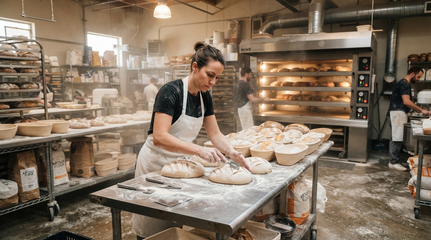 A Frisco baker scoring sourdough loaves on a floured table in front of the bakery ovens