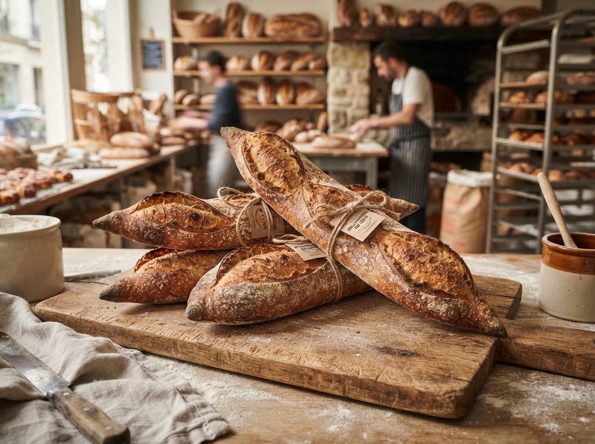 Artisan bakers arranging freshly baked dinner rolls and specialty breads on wooden bakery racks