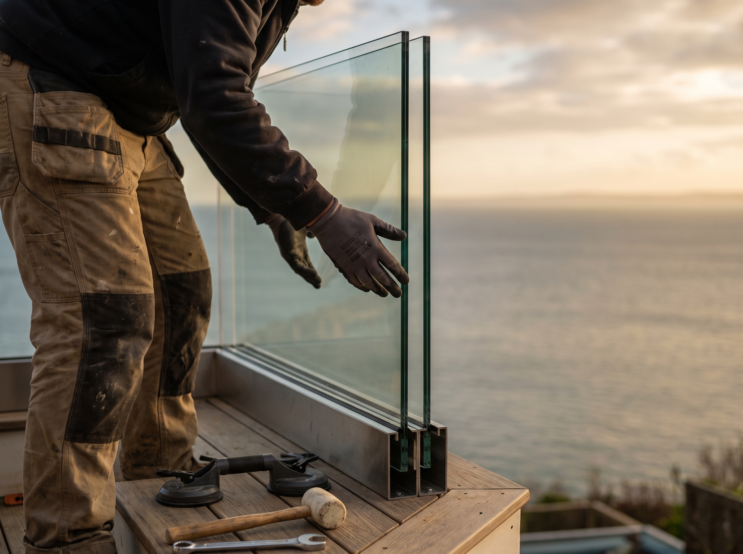 Fitting a frameless glass balustrade panel on a coastal balcony in North Wales