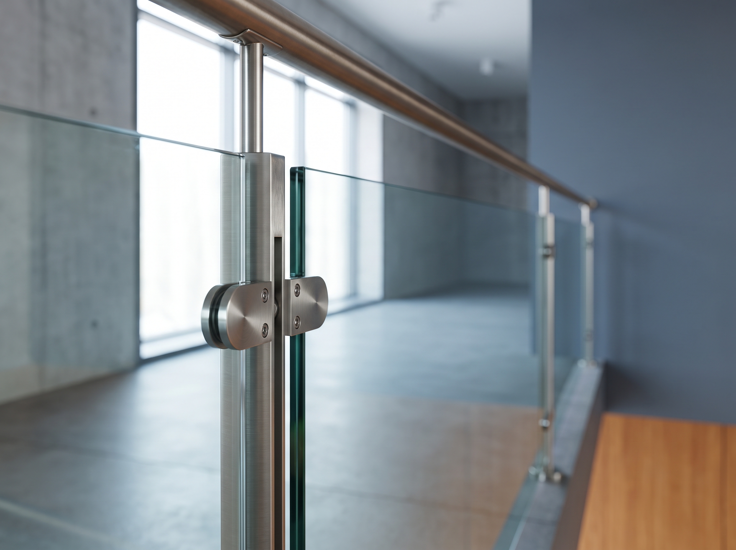 Post & Glass Balustrade detail — toughened glass panel and 316 stainless steel fixings