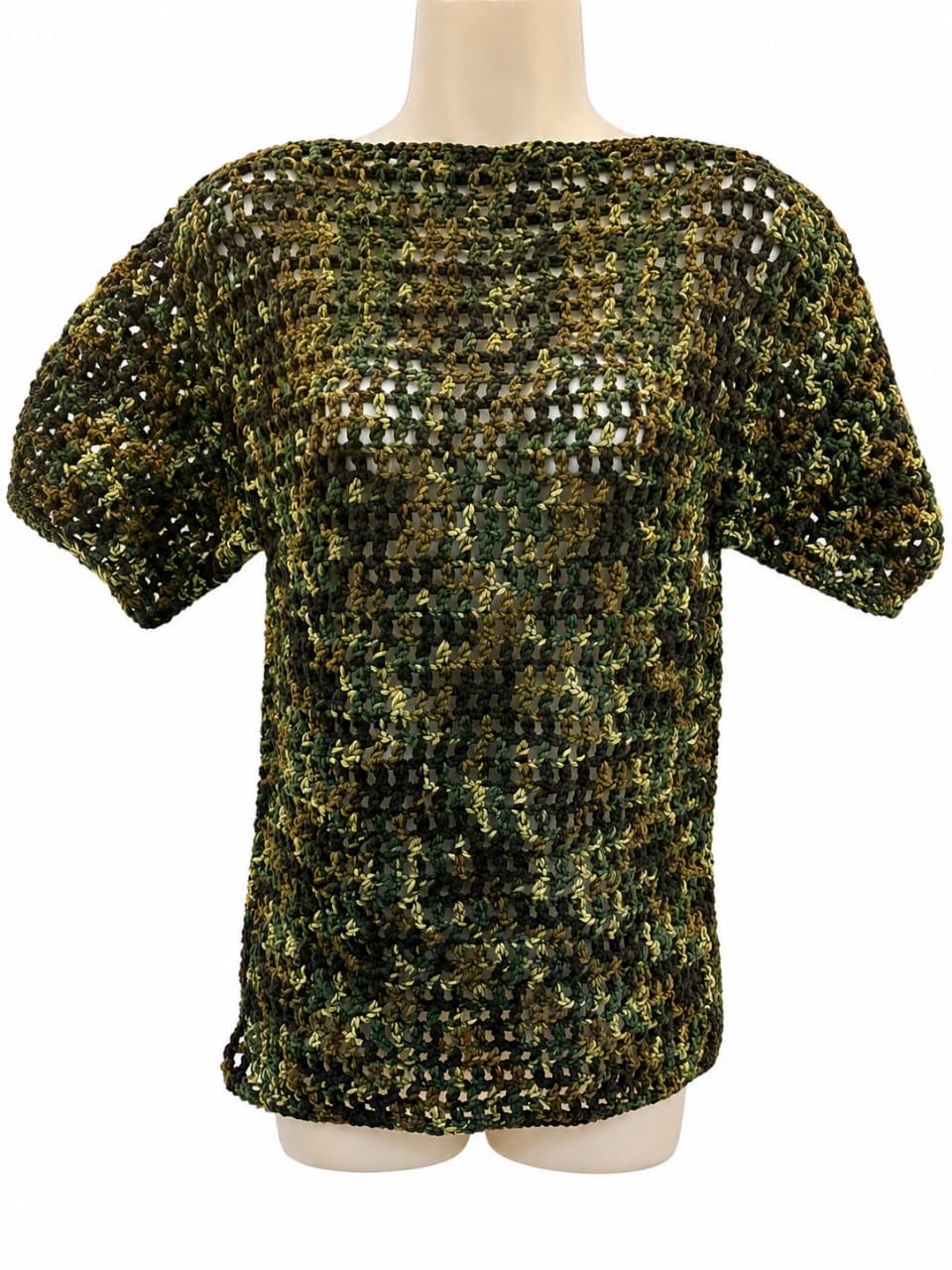 Short-sleeve open-weave crochet top in green, brown and khaki camo yarn, on a mannequin
