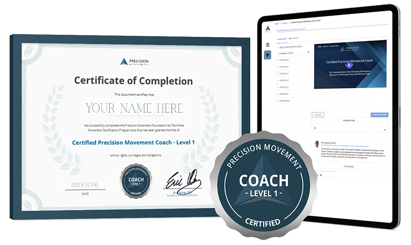 The Certified Precision Movement Coach – Level 1 certificate, course platform on a tablet and the Coach Level 1 certified seal