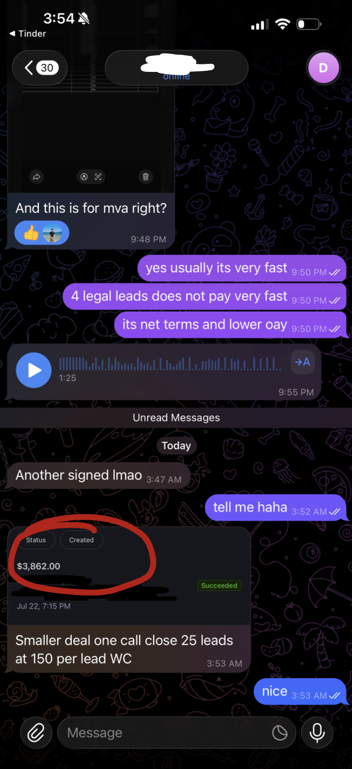 Student message: closed a client at $18,000, 50 leads paid upfront