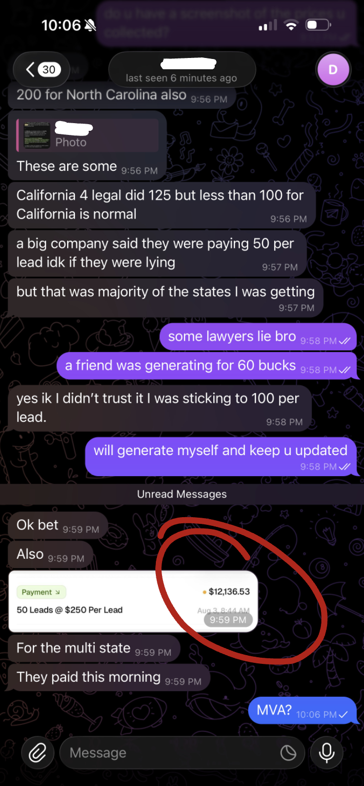 Student message: first client signed, $5,000