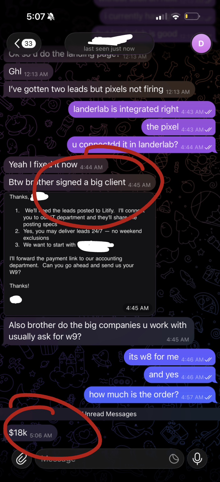 Student message: client signed, $18,000 order