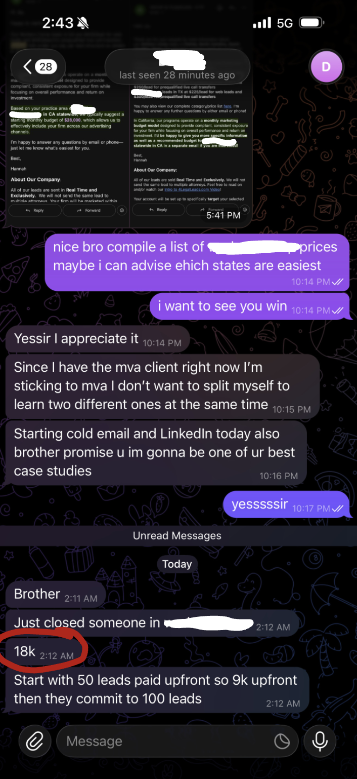 Student message: $12,136.53 received for 50 leads at $250 per lead