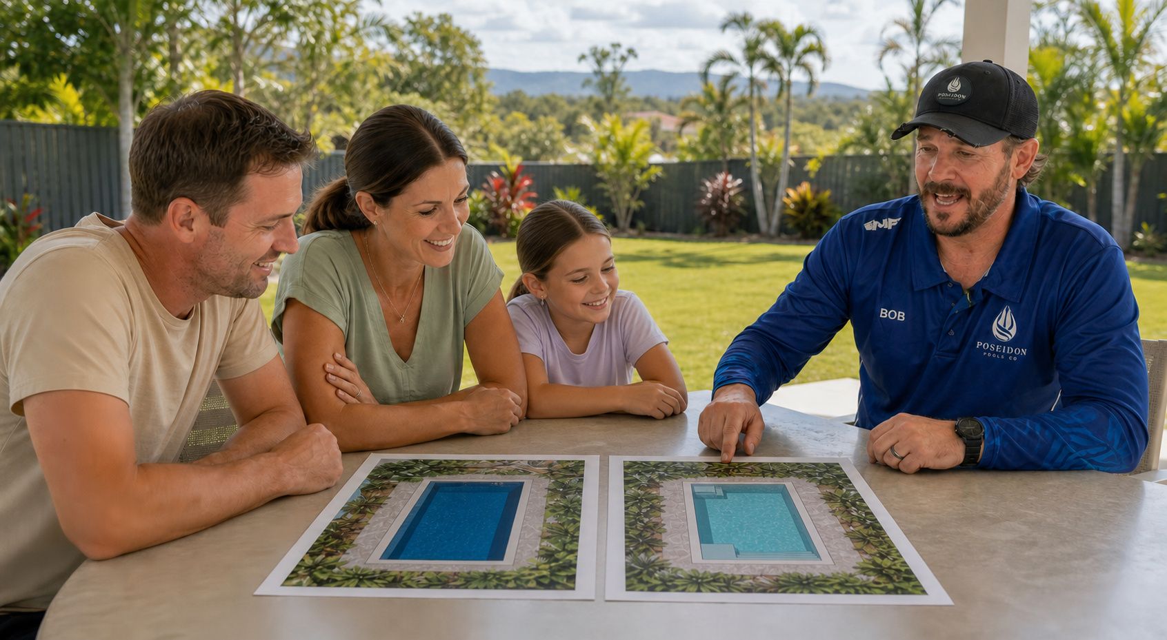 Bob Cox helping a Central Queensland family choose their new swimming pool