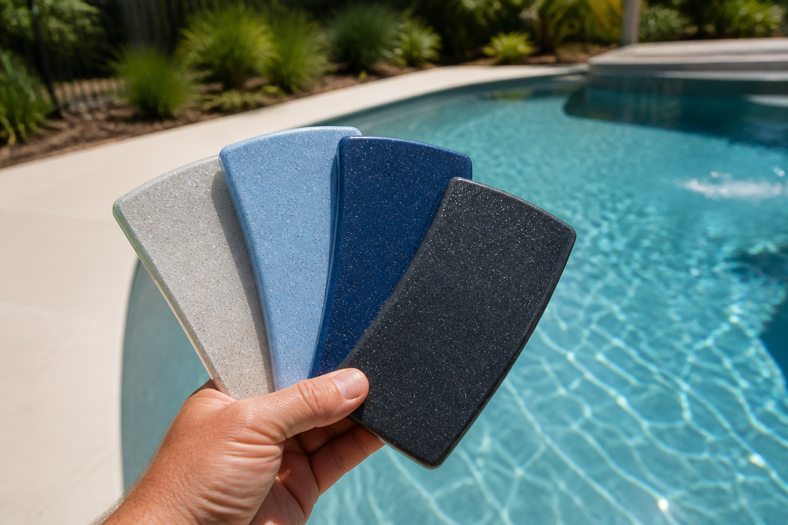 Fibreglass pool colour samples beside a completed swimming pool
