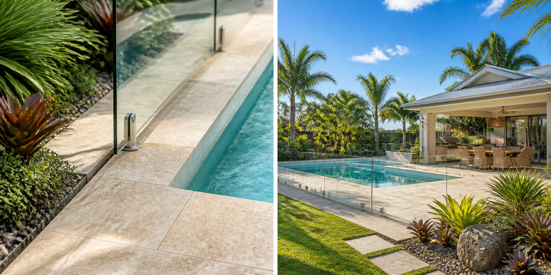 Completed fibreglass pool with glass fencing, tiled surrounds and tropical landscaping