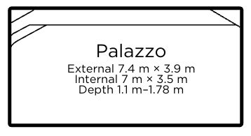 Palazzo pool dimensions: 7.4 metres by 3.9 metres externally, 7 metres by 3.5 metres internally, and 1.1 to 1.78 metres deep