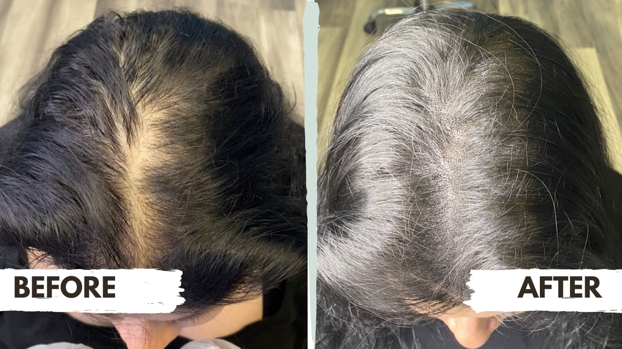 Scalp micropigmentation before and after – top view of a woman's head showing increased hair density and scalp coverage, creating a fuller, natural look after treatment.with existing hair after treatment.