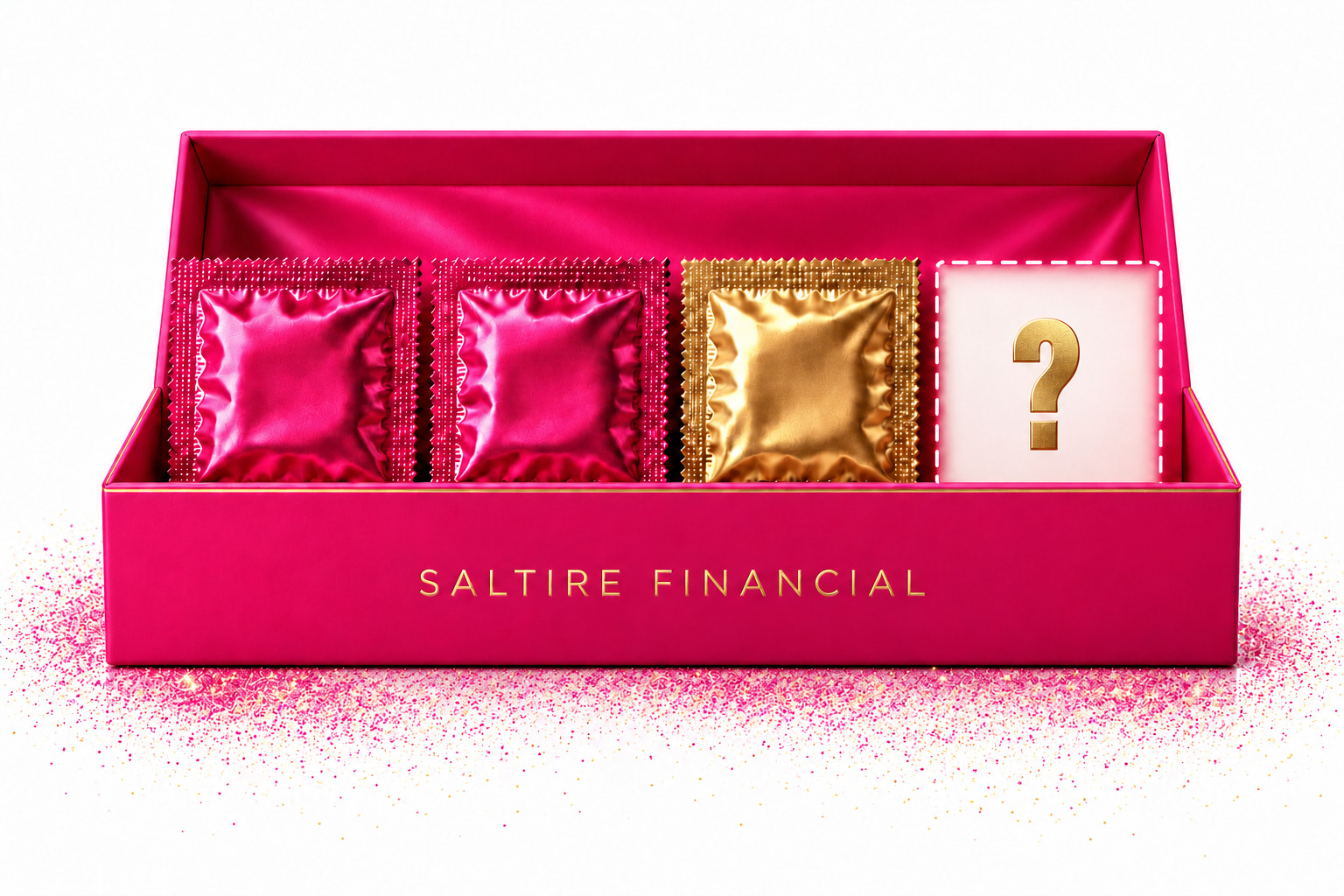 Luxury hot pink Saltire Financial multipack with two pink sachets, one gold sachet, a gold question mark, and fine pink and gold glitter dust