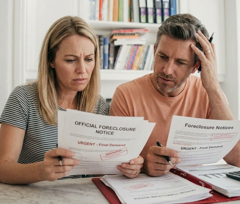 A worried couple going over bills at home
