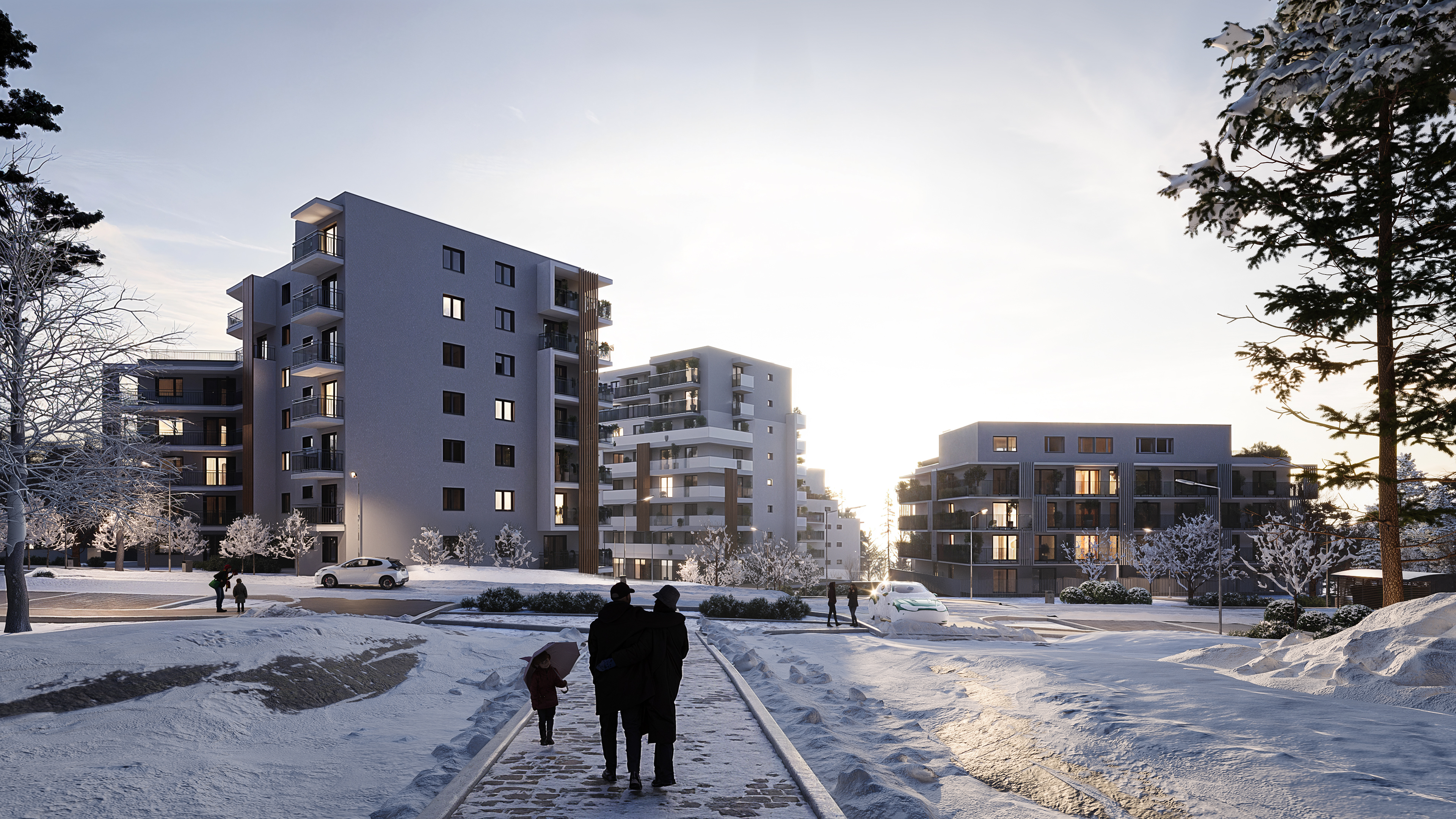 Istrica mid-rise residential exterior in winter conditions, luxury residential CGI Europe