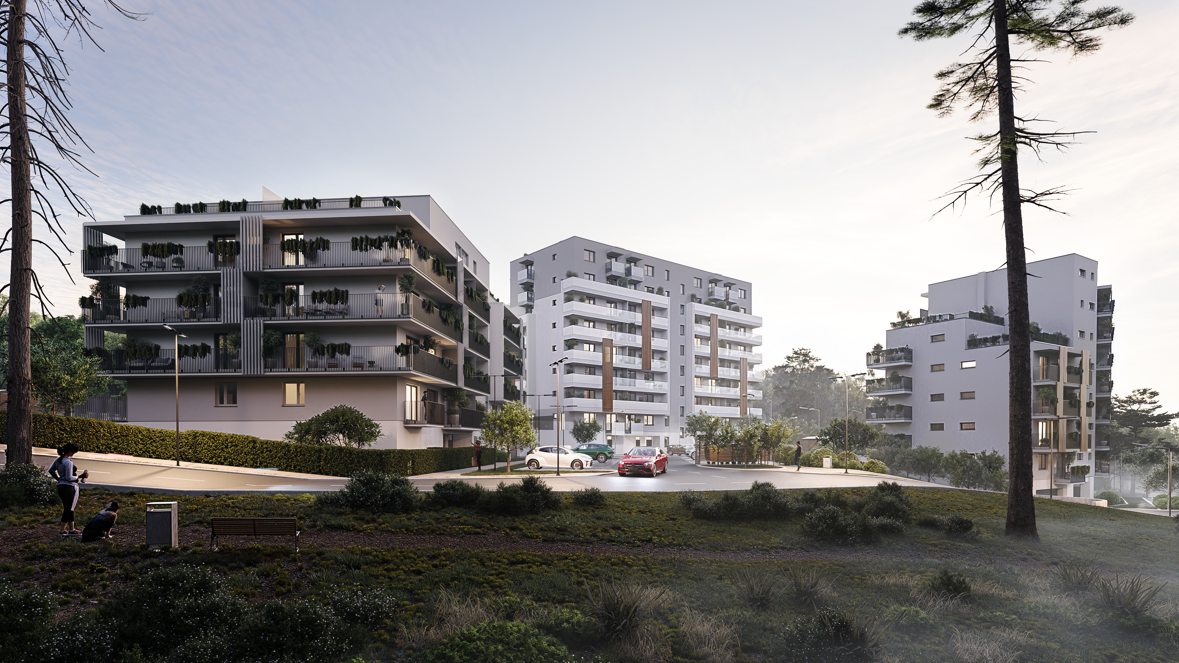 Istrica mid-rise residential exterior in morning light, CGI for investor pitch Europe