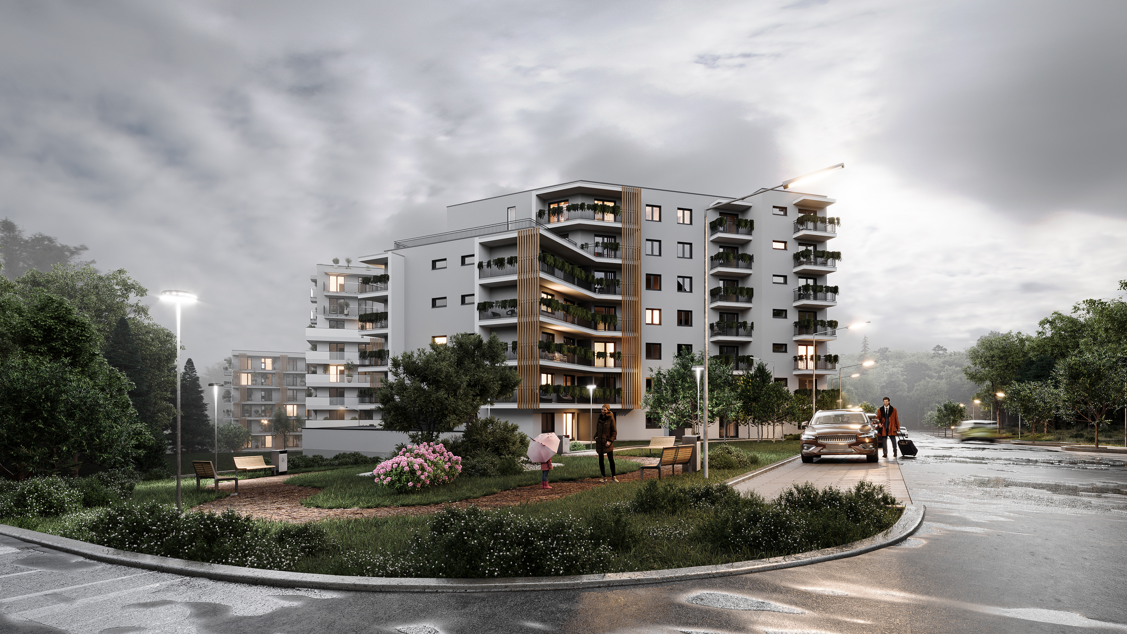 Istrica mid-rise residential exterior in rainy conditions, masterplan visualisation property developer Europe