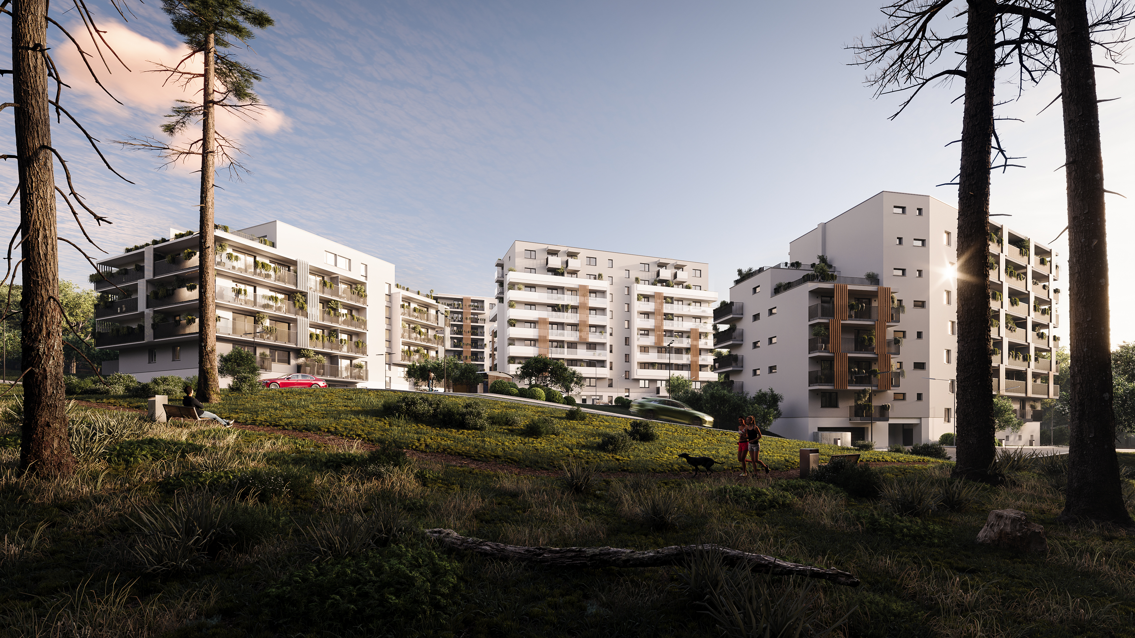 Istrica multi-phase masterplan exterior on a sunny day, institutional funding visualisation