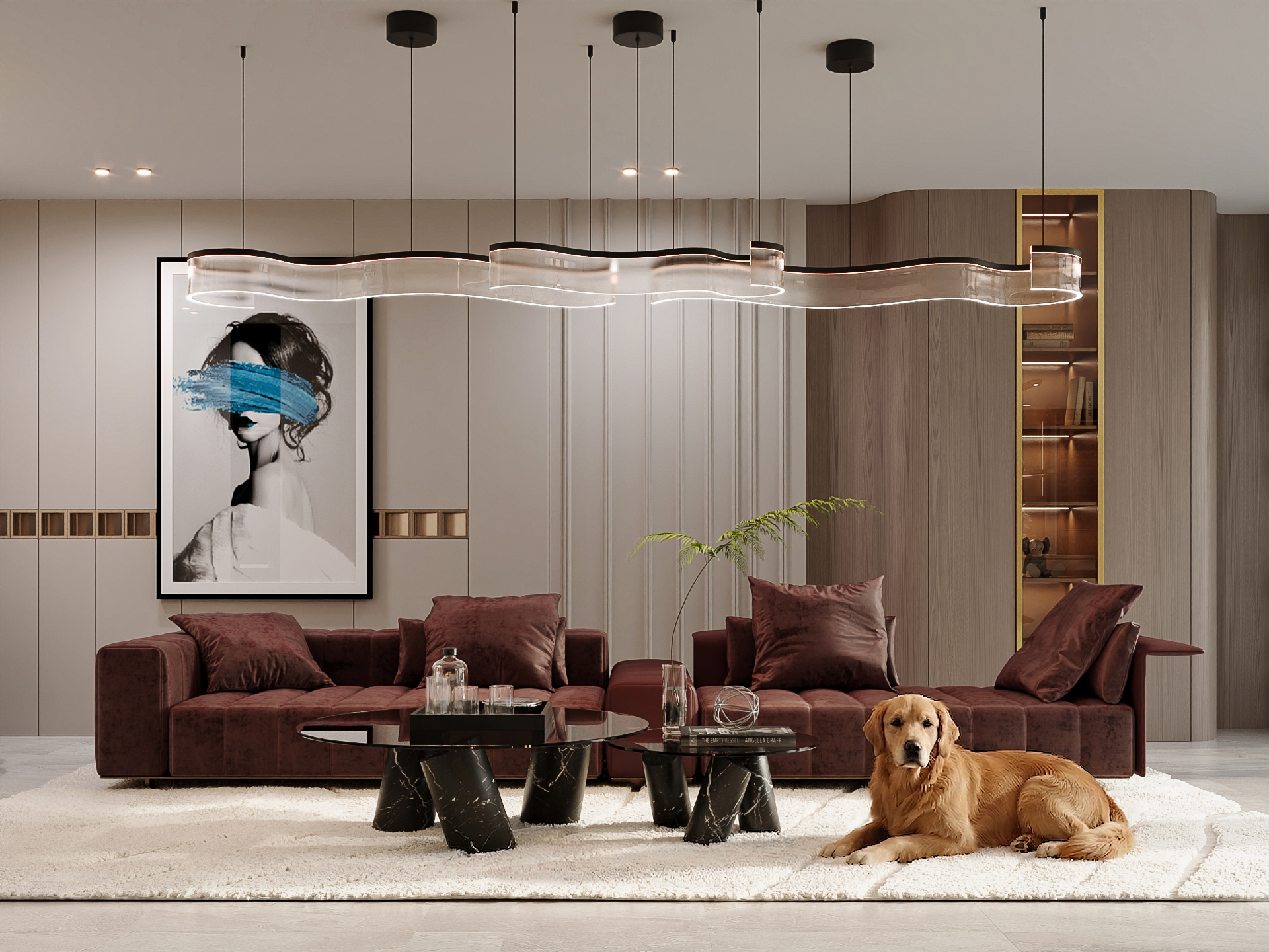 Koliba open-plan living room with geometric detail &mdash; 360 virtual tour off-plan property