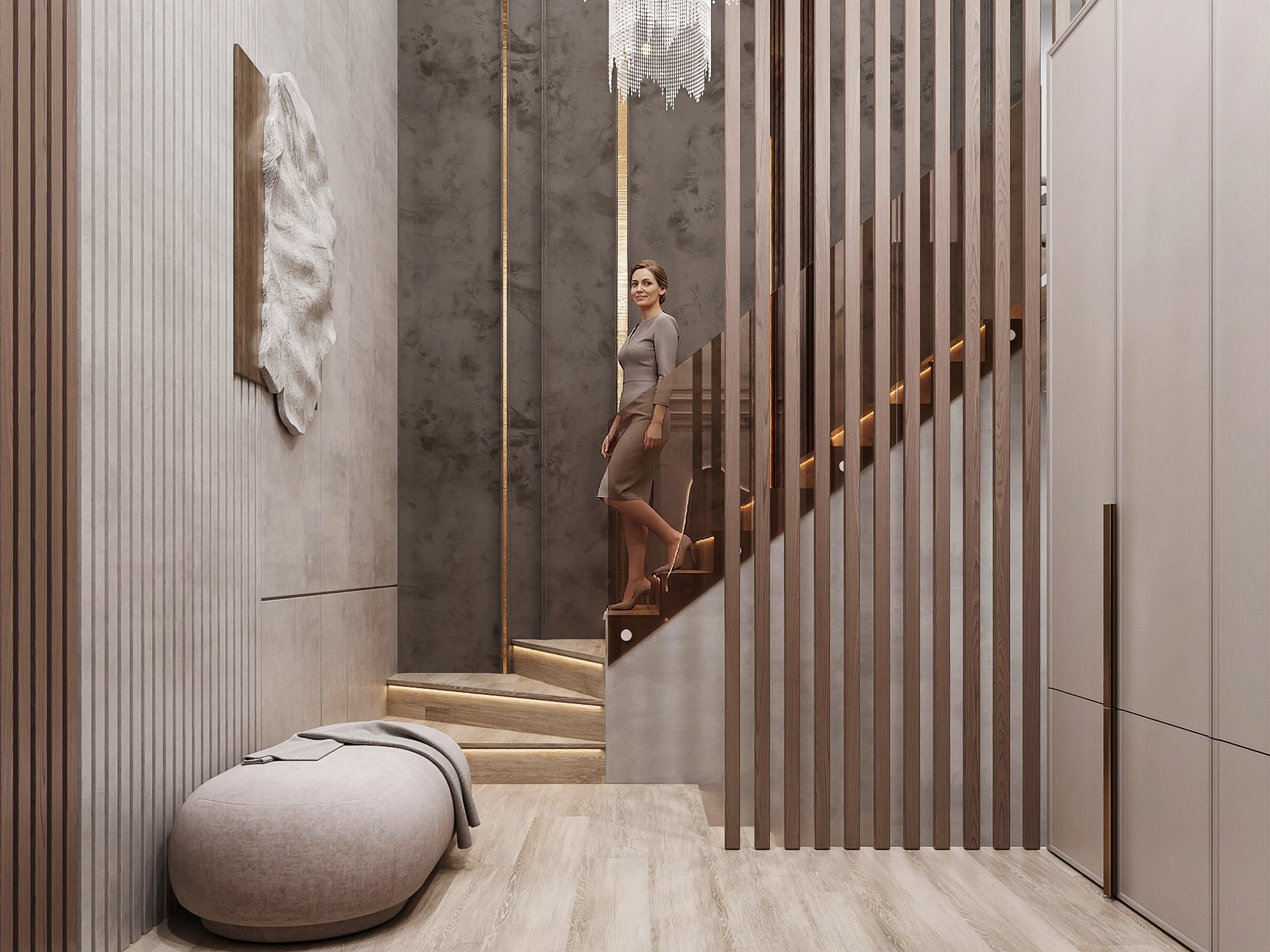 Koliba crystal-chandelier entrance hall setting the walk-the-home sequence &mdash; interactive VR tour property developer
