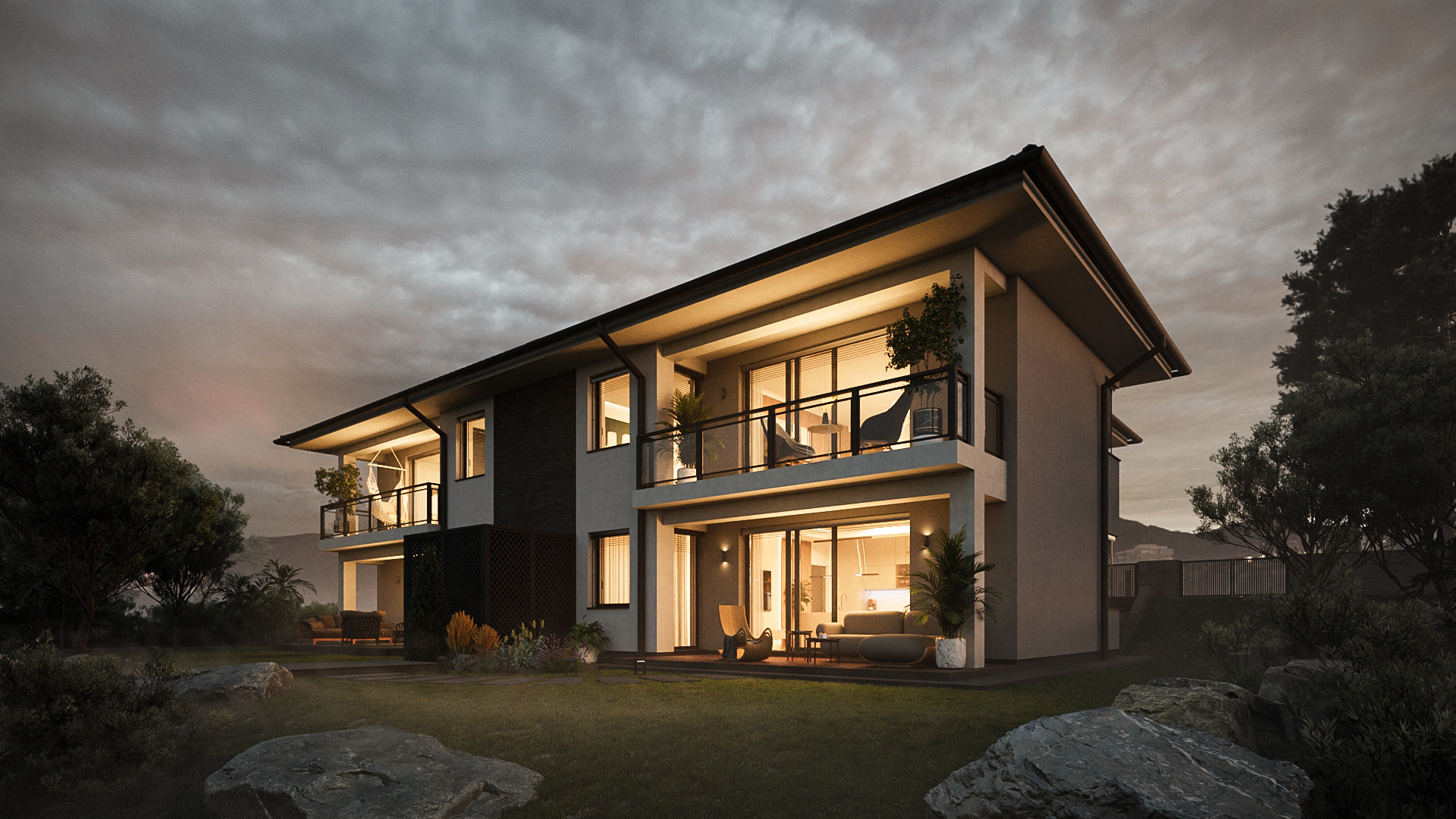 Panorama Golf luxury residence exterior at night, off-plan premium scheme