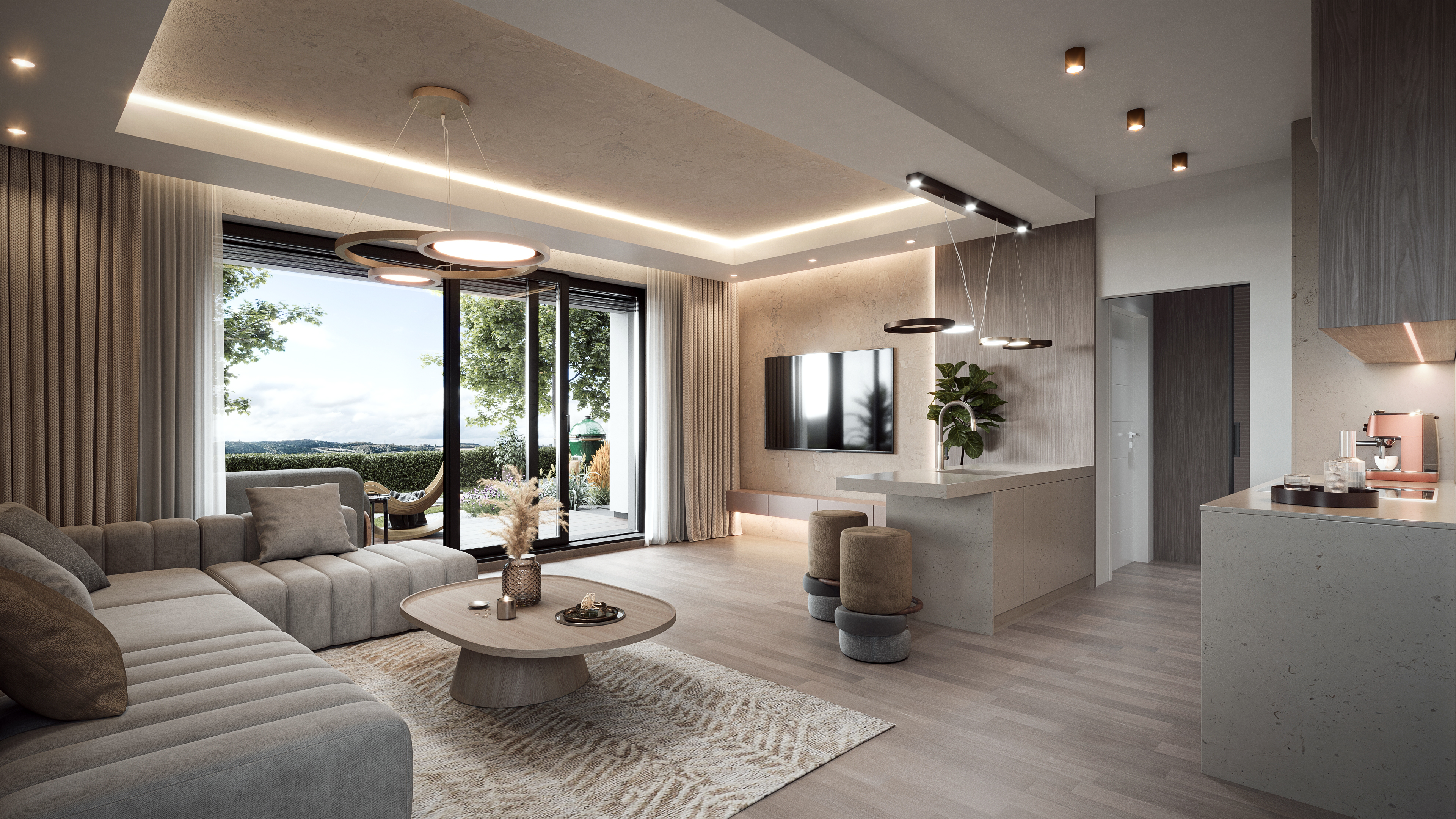Panorama Golf case study spread &mdash; living room with 18% premium result badge