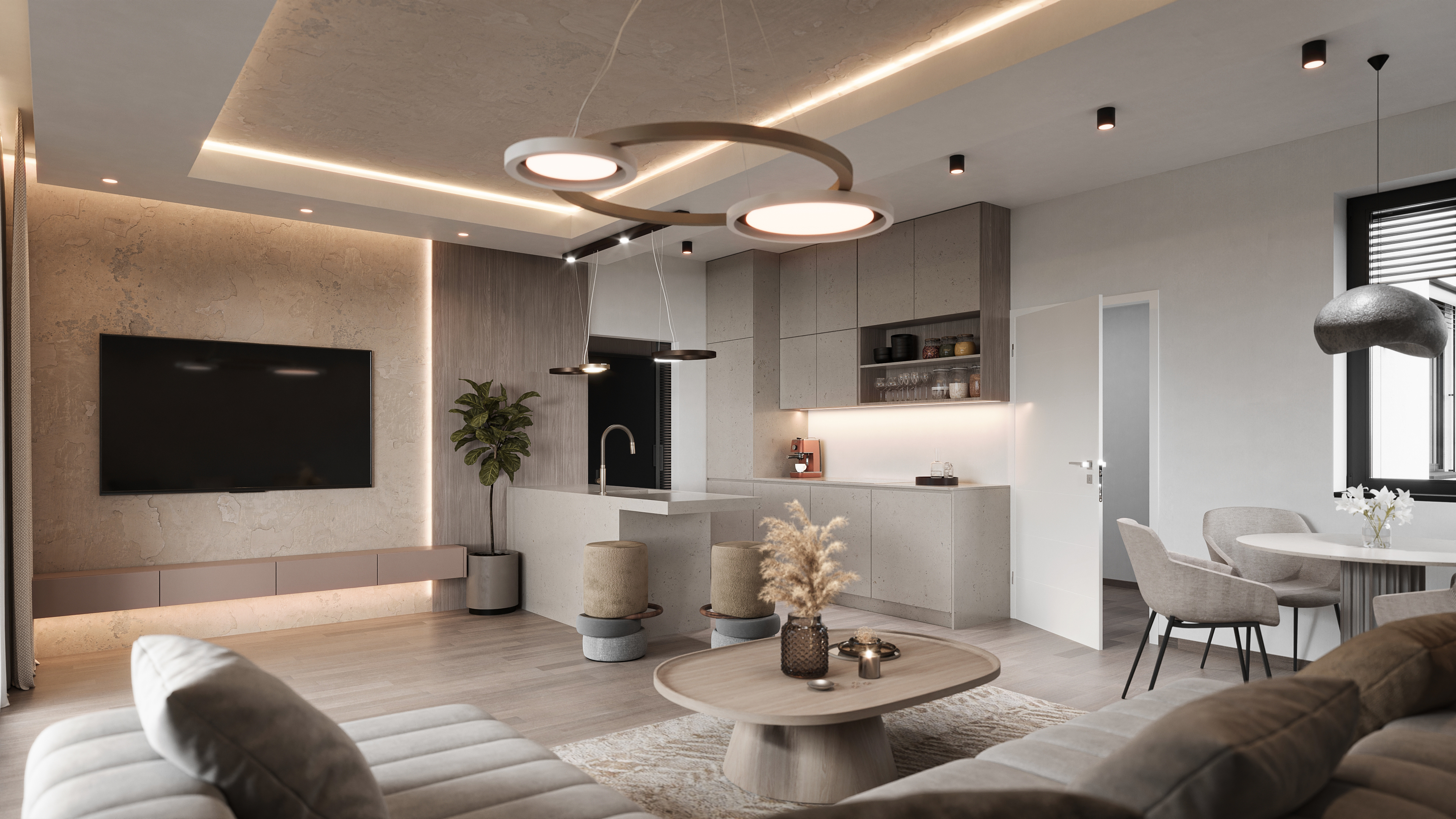 Panorama Golf luxury living room with integrated LED detail &mdash; CGI for off-plan launches Europe