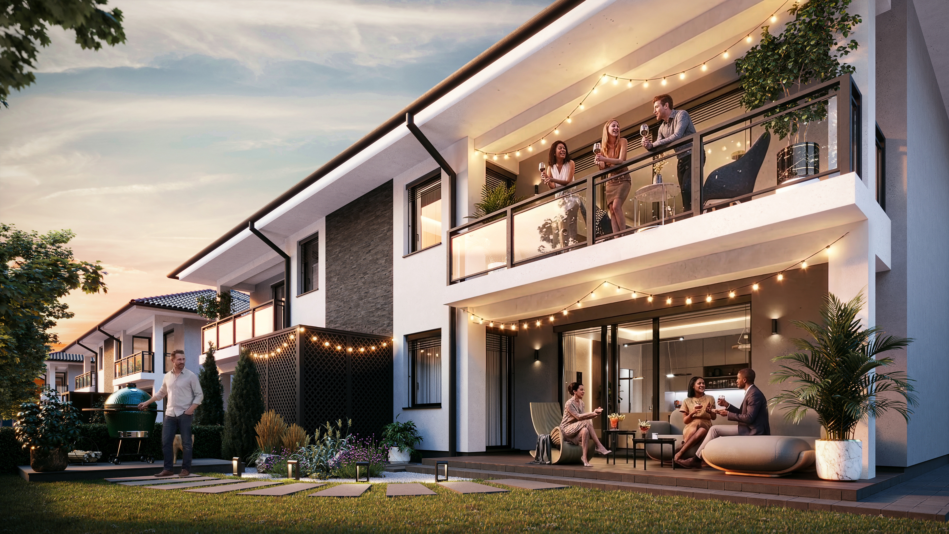 Panorama Golf luxury residence at dusk, lit from within
