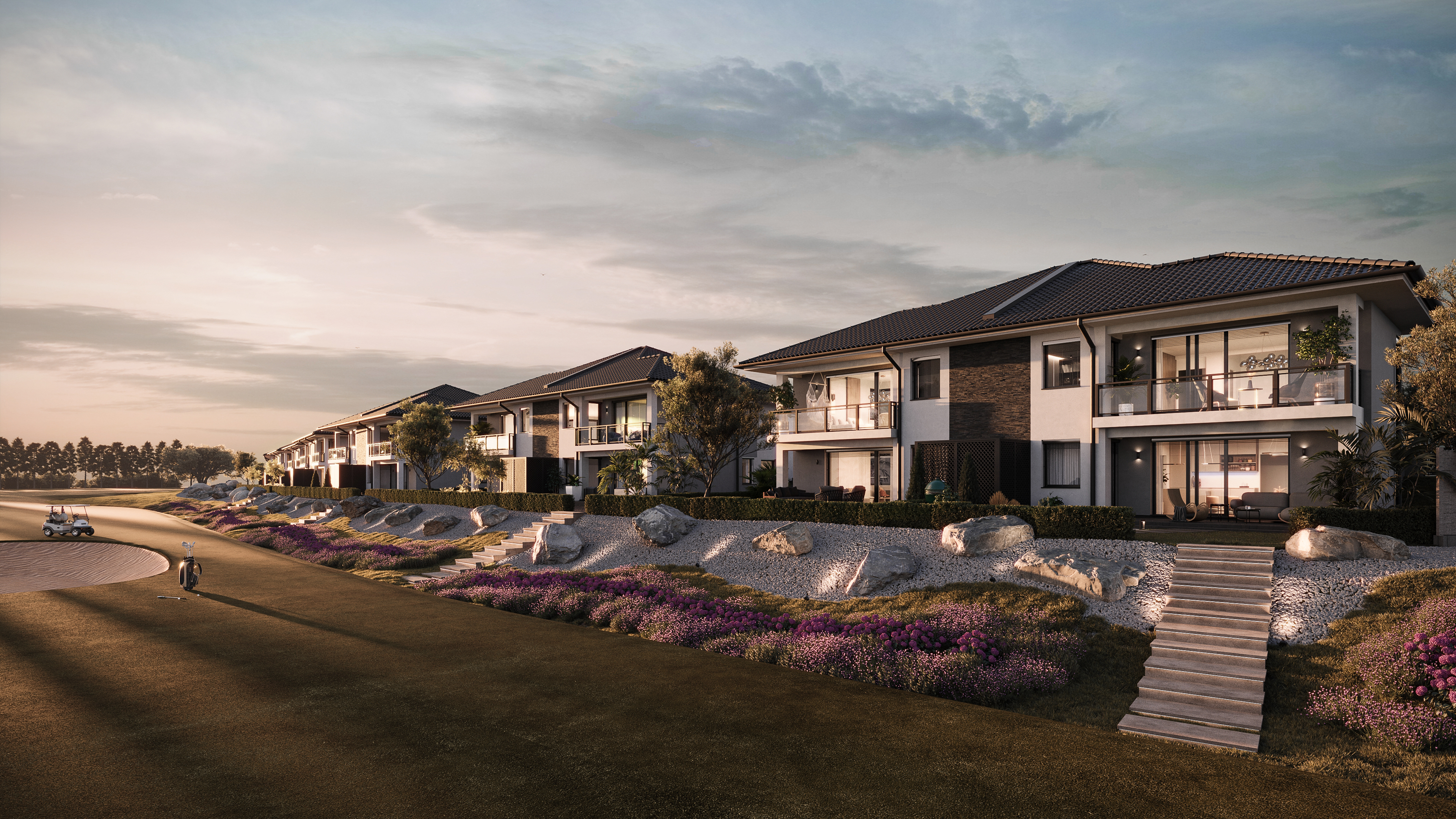 Panorama Golf terraced villas cascading toward the championship fairway &mdash; luxury golf residences CGI Europe