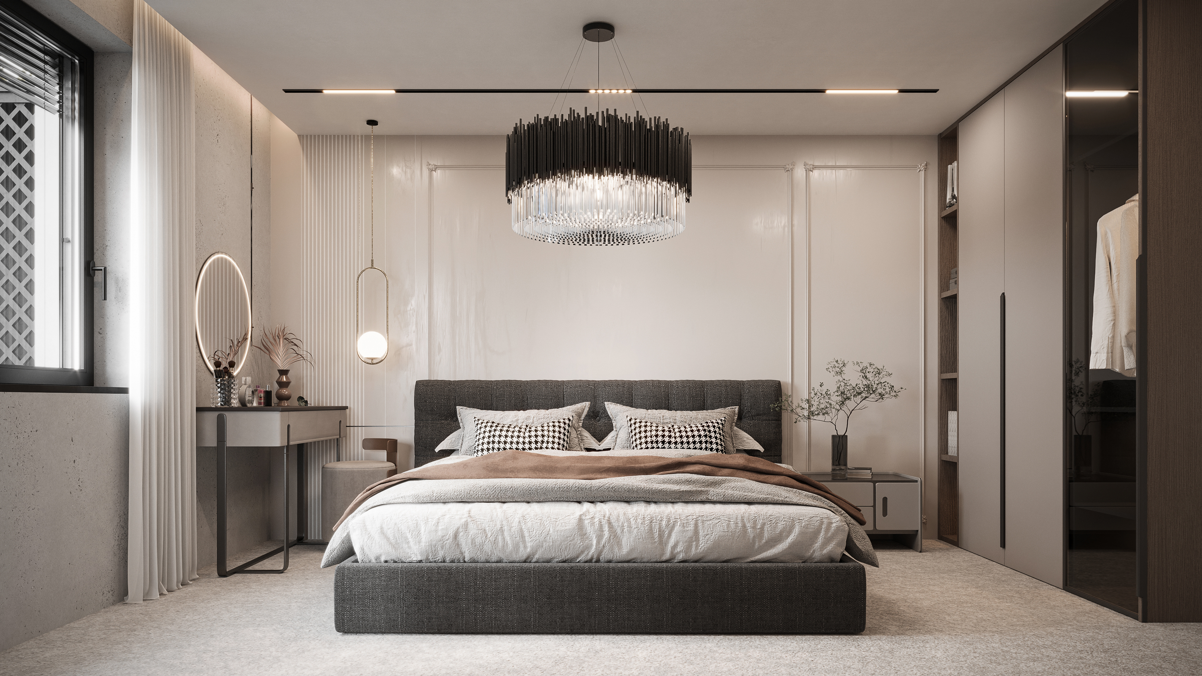 Panorama Golf luxury bedroom with sculptural ceiling architecture &mdash; luxury residential CGI Europe
